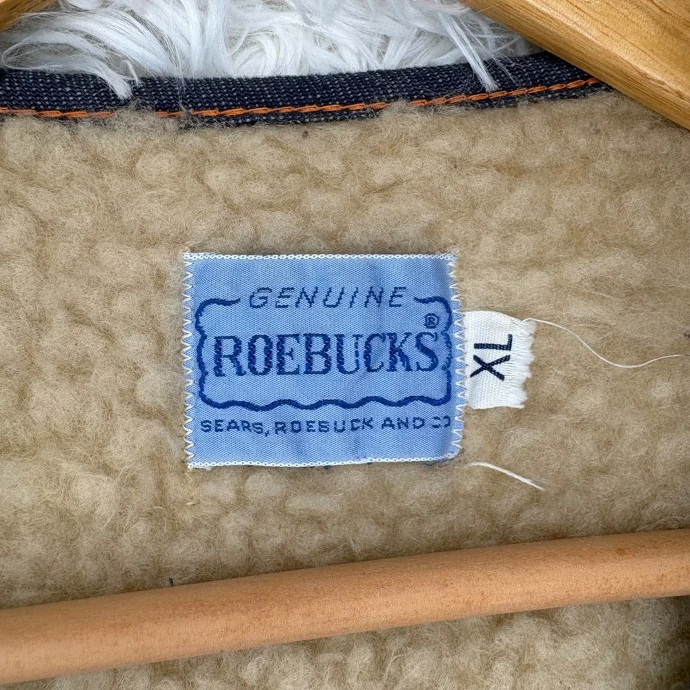 Vintage 70s Roebucks Sears Sherpa Lined Denim Vest Mens XL Snap Front Dark Wash
